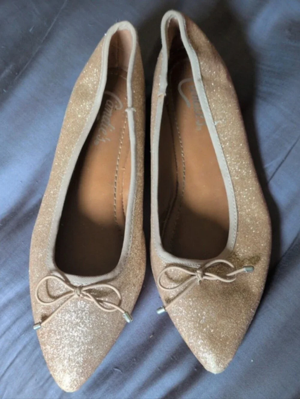Candie's Sparkling Gold Ballet Flats with Bow Trim